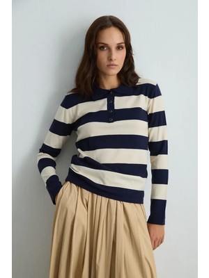 Gusto Polo Yaka Çizgili Triko Bluz - Lacivert