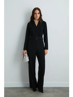 Gusto Ceket Yakalı Krep Tulum - Siyah