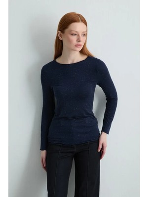 Gusto Kayık Yaka Kaşmir Simli Bluz - Lacivert