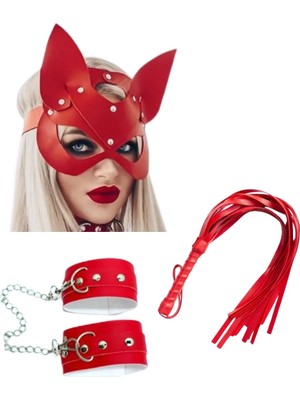 Mulvxbrf BRF02  Deri  Kırmızı Kedi Maske Kelepçe Kırbaç Seti ( 3'lü Set) (Mulvix)