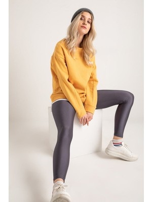 Kadın Antrasit Gri Yüksek Bel,günlük ve Sporda Kullanım Iç Göstermez Toparlayıcı Parlak Disco Tayt