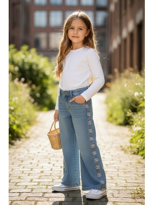 Taşlı Ispanyol Paça Kız Çocuk Kot Pantolon