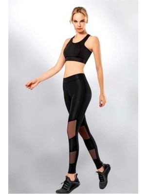 4080 Kadın Dalgıç Transparan Modelli Siyah Yüksek Bel Tayt