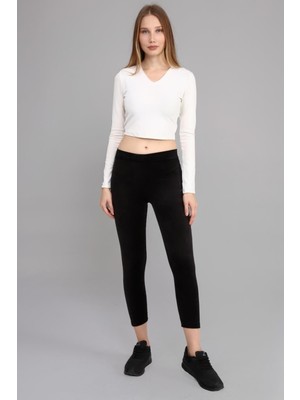 Siyah Yüksek Bel Full Likralı Toparlayıcı Fitilli Kışlık Kadife Tayt