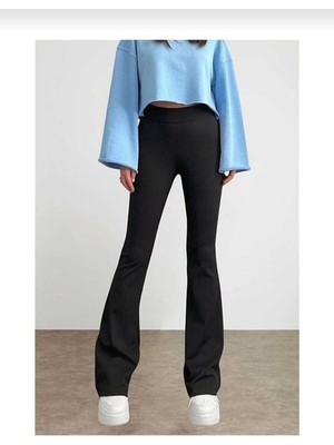 Kadın Siyah Yüksek Bel Ispanyol Paça Fitilli Tayt 5810