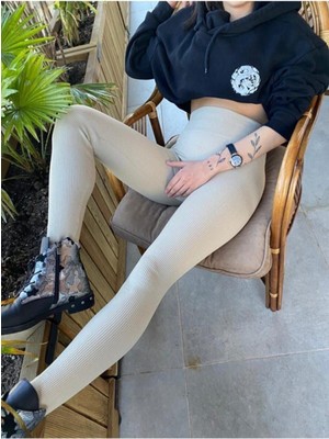 Kadın Tayt Bej Yüksek Bel Dikişsiz Fitilli Tayt