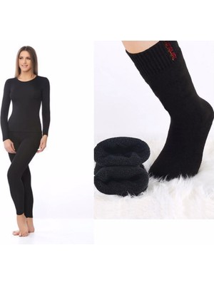 Kadın Siyah Termal Terletmeyen Içlik Alt Üst Takım Termal Çorap Hediyeli