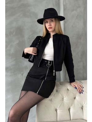 Boydan Fermuarlı, Kol Düğmeli Süet Crop Model Ceket