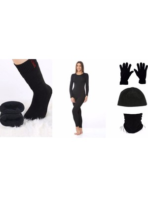Kadın Siyah Termal Içlik Alt Üst Takım Termal Şapka, Eldiven,1 Çift Çorap Kışlık Tam Giyim Seti