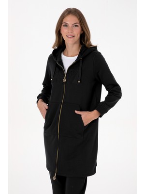 U.S. Polo Assn. Kadın Siyah Uzun Fermuarlı Kapüşonlu Basic Sweatshirt 50307724-VR046