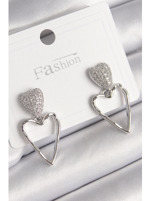 Bfs Pirinç Gümüş Renk Zirkon Taşlı Kalp Model Kadın Küpe