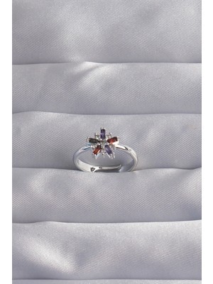 Bfs Pirinç Gümüş Renk Renkli Zirkon Taşlı Ayarlamalı Yüzük