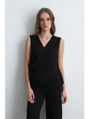 Gusto Viskon Triko Simli Bluz - Siyah