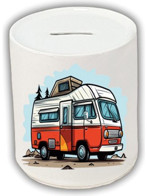 Turuncu Karavan Baskılı Kumbara - Seramik Para Biriktirme Kumbarası