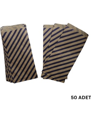 Körüklü Kraft Kese Kağıdı, Lacivert Verev Çizgili Şamua Hediye, Ambalaj Poşeti, 15X33 Cm, 50 Adet