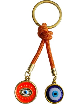 Çift Nazar Boncuklu Anahtarlık – Turuncu Ipli Şans ve Koruma Sembolü Göz Motifli Metal Anahtarlık
