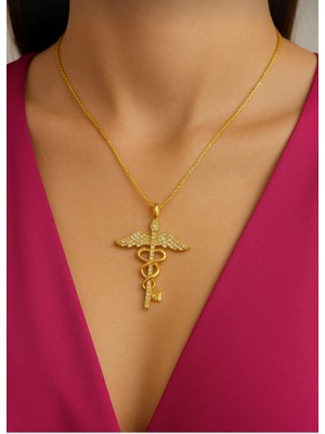 Çelik Kararma Yapmaz Zirkon Taşlı Şifa Meleği Tıp Sembolü Kolye