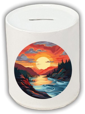 Doğa Manzarası Baskılı Kumbara - Seramik Para Biriktirme Kumbarası