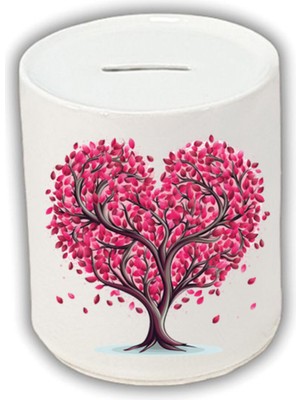 Kalp Şeklinde Ağaç Baskılı Kumbara - Para Biriktirme Kumbarası