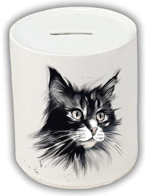 Siyah Beyaz Kedi Baskılı Kumbara - Seramik Para Biriktirme Kumbarası