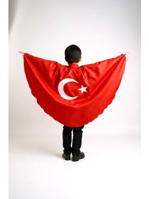Çocuk Saten Unisex Türk Bayrağı Pelerin, 23 Nisan-19 Mayıs-10 Kasım-29 Ekim Okul Gösteri Kostümü 2-6 Yaş (M),7-12 Yaş (L)