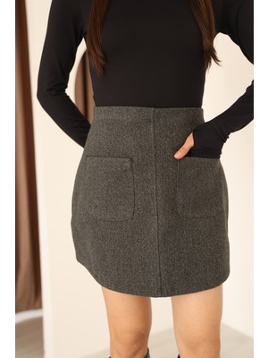 Kadın Antrasit Kaşe Önde Kare Cep Detaylı Yüksek Bel Mini Etek