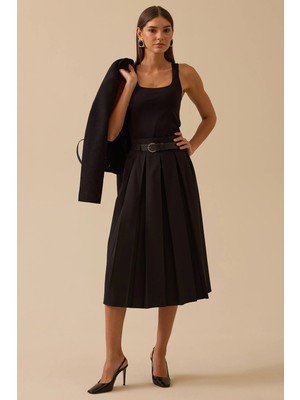 Seçil Kadın Kemerli Pile Detaylı Midi Etek 0003 Siyah