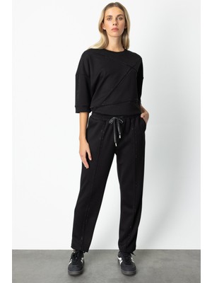 On Kadın Beli Lastikli Taşlı Eşofman Altı 66547 Siyah