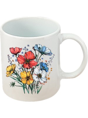 Rengarenk Çiçekler Baskılı Beyaz Kupa Bardak Doğum Günü Hediyesi