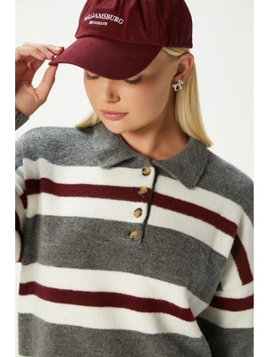 Kadın Otto Yumuşak Dokulu Pola Yaka Antrasit Bordo Çizgili Kazak