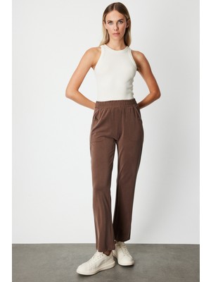 On Kadın Cebi Düğme Detaylı Eşofman Altı 66107 Kahverengi