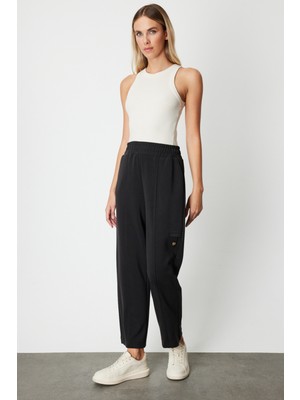 On Kadın Düğme Detaylı Bol Paça Eşofman Altı 64149 Siyah