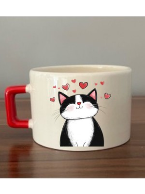 Kalpli Sevimli Kedi Baskılı Kahve Fincanı Kupa Bardak Doğum Günü Hediyesi