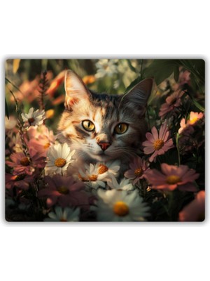 Çiçekler ve Kedi Baskılı Mouse Pad 18X22 cm