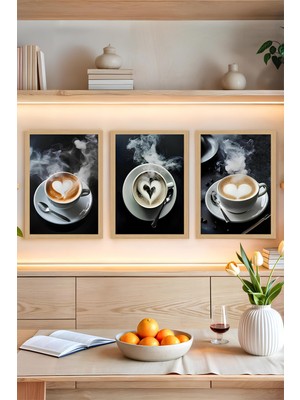 🖼️ Çerçeve Görünümlü 3'lü Tablo Seti – Kahve Köpüğü & Kalp Temalı CRVS1012 30 x 40