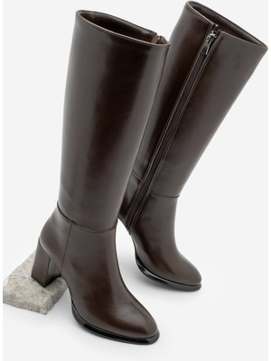 Marjin Kadın Fermuarlı Kalın Topuklu Çizme Lovet Kahve