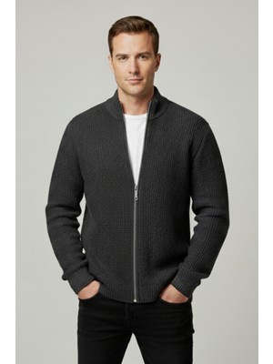 Elemge Erkek Hırka Fermuarlı Regular Fit Yarım Balıkçı Yaka Antrasit Triko Ceket Normal Kesim Waffle