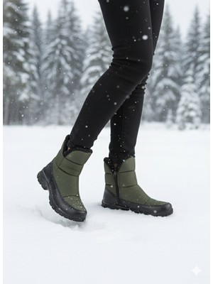 Zerenyus Snowly Haki Kaymaz Taban İçi Kürklü Fermuarlı Kar Botu