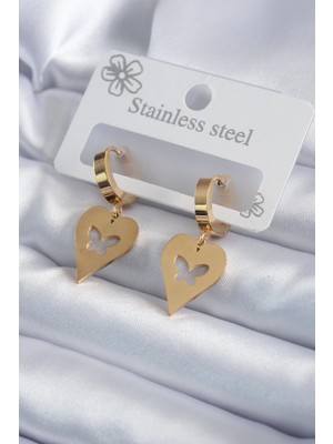 Bfs 316L Çelik Gold Renk Kalp Model Kelebek Işleme Kadın Küpe