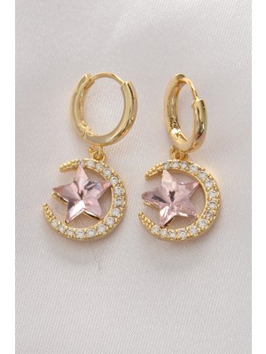 Bfs Pirinç Gold Renk Pembe Zirkon Taşlı Yıldız Detay Ay Küpe