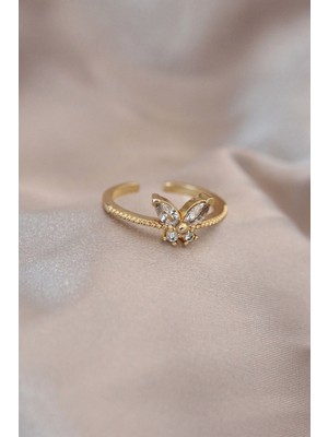 Bfs Ayarlamalı Altın Renk Metal Zirkon Taş ve Kristal Taşlı Kelebek Model Yüzük