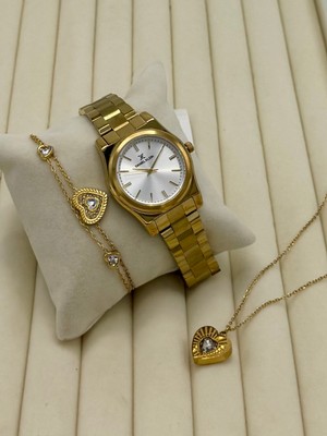 Hediyelik Orijinal Kadın Kol Saati 2 Yıl Garantili Çelik Kolye ve Bileklik Seti DKHB24