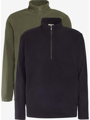 Altınyıldız Classics Unisex 2'li Paket Standart Fit Dik Yaka Soğuk Geçirmez Sweatshirt Polar Siyah-Haki