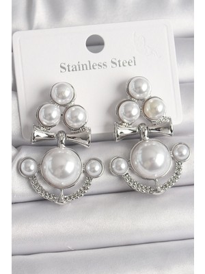 Bfs Pirinç Gümüş Renk Sallantı Incili Çapa Model Kadın Küpe