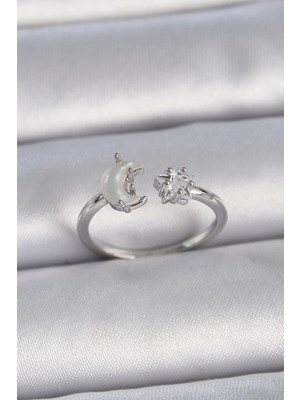 Bfs Pirinç Gümüş Renk Incili Hilal Zirkon Taşlı Yıldız Ayarlanabilir Kadın Yüzük