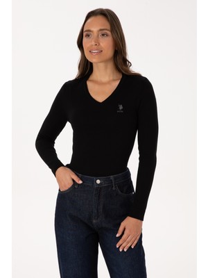 U.S. Polo Assn. Kadın Siyah Basic V Yaka Kazak 50307712-VR046