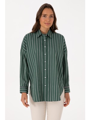 U.S. Polo Assn. Kadın Koyu Yeşil Çizgili Uzun Kollu Gömlek 50308795-VR079