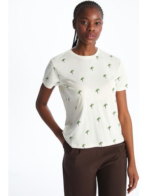 Lc Waikiki Yeni Sezon Bisiklet Yaka Palmiye Baskılı Kadın Tişört