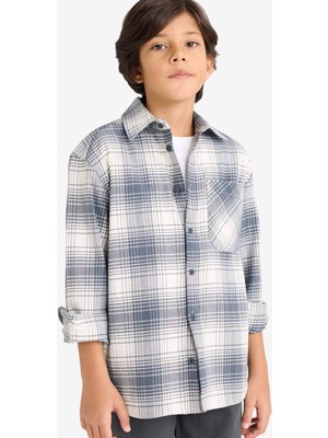 DeFacto Oversize Geniş Kalıp Polo Yaka Kareli Flanel Uzun Kollu Gömlek Erkek Çocuk G3463A825WN