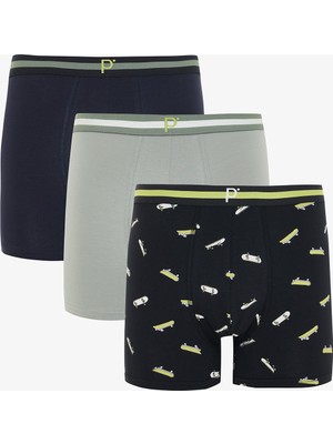 Erkek Crew Organik Geometrik Desenli 3'lü Boxer